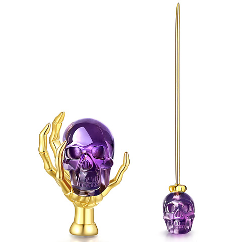 Gemstone Amethyst Hand Carved Crystal Skull Brooch, 18K Gold-Plated 925 Silver, Skull Jewelry