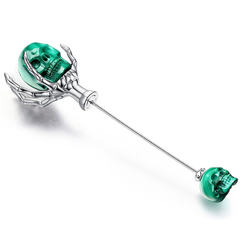 Malachite Hand Carved Crystal Skull Brooch, Oxidized 925 Silver, Skull Jewelry