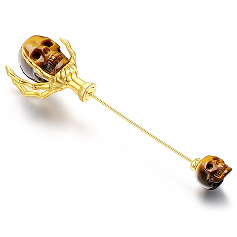 Gold Tiger's Eye Hand Carved Crystal Skull Brooch, 18K Gold-Plated 925 Silver, Skull Jewelry