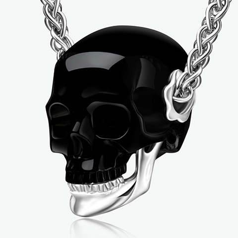 Necklace of 1.0" Black Obsidian Hand Carved Detachable Crystal Skull Pendant, Silver Chin, Skull Jewelry