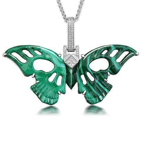 Gemstone 3.3" Malachite Hand Carved Crystal Skull Butterfly Necklace, Crystal Healing
