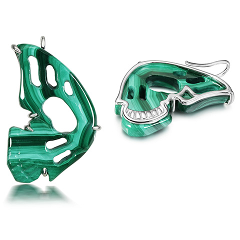 Gemstone 1.2" Malachite Hand Carved Crystal Skull Butterfly Earring, Crystal Healing