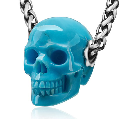 Gemstone Necklace of 0.8" American Turquoise Hand Carved Crystal Skull Pendant, Skull Jewelry