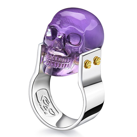 Gemstone Amethyst Hand Carved Crystal Skull Ring, Skull Jewelry