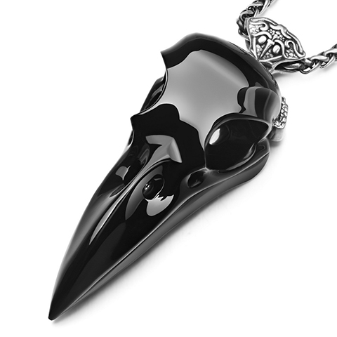 Necklace of 2.2" Black Obsidian Hand Carved Crystal Skull Raven Pendant with Sword, Skull Jewelry