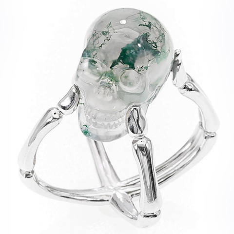 Green Moss Agate Hand Carved Crystal Skull Ring, Skull Jewelry