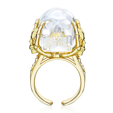 Quartz Rock Crystal Hand Carved Crystal Skull Ring,18k Gold-Plate Silver, Skull Jewelry