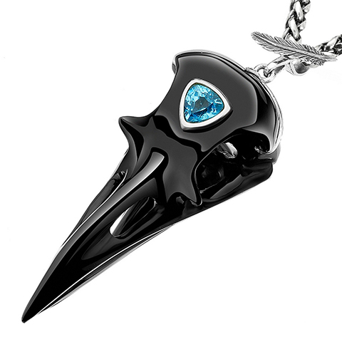 Necklace of 2.2" Black Obsidian Hand Carved Crystal Skull Raven Pendant, Skull Jewelry