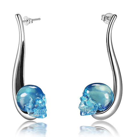 Gemstone  Aquamarine Hand Carved Crystal Skull Earring, Skull Jewelry