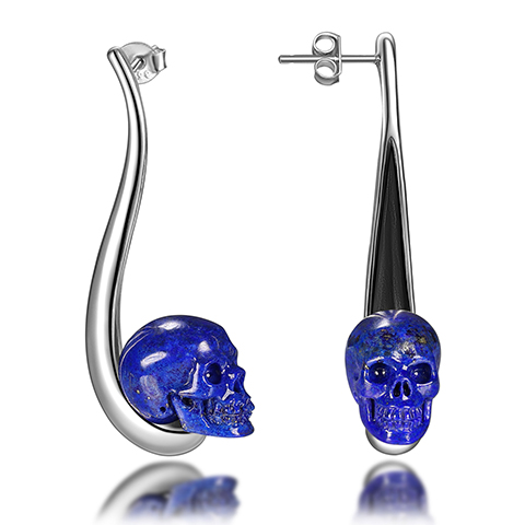 Gemstone  Lapis Lazuli Hand Carved Crystal Skull Earrings, Skull Jewelry