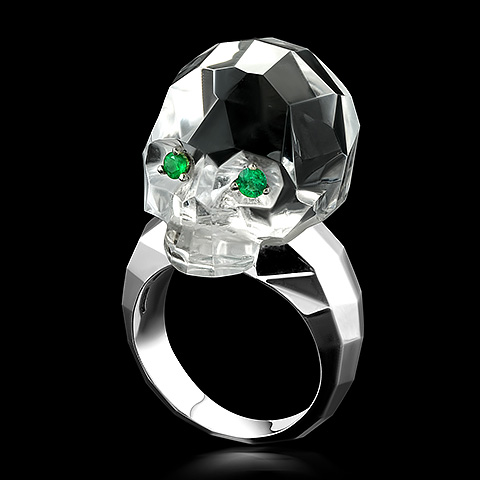 Quartz Rock Crystal Hand Carved Crystal Skull Ring with Emerald Eyes, Skull Jewelry