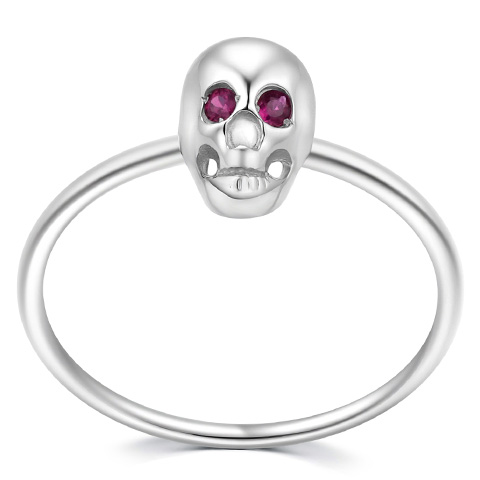 Silver Hand Carved Crystal Skull with Ruby Eyes Ring, Skull Jewelry