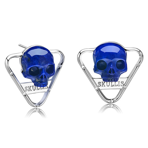 Gemstone  Lapis Lazuli Hand Carved Crystal Skull Earrings, Skull Jewelry