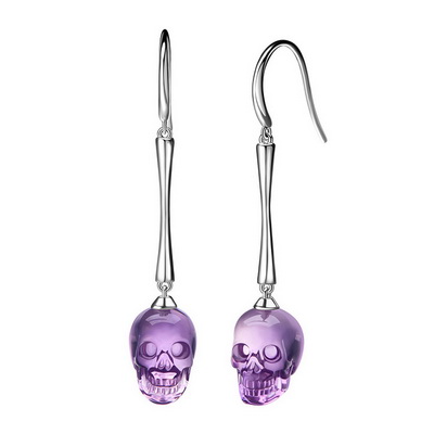 The Pendulum - Gemstone Amethyst Hand Carved Crystal Skull Earrings, Crystal Healing Skull Jewelry, for Women & Men