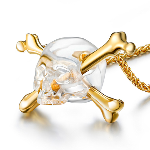 Skullis Gem Skull Jewelry - Quartz Rock Crystal Carved Skull & Sterling Silver Gold Plated Crystal Skull and Bone Pendant with 925 Silver Plated Gold Chain Crossbones Necklace