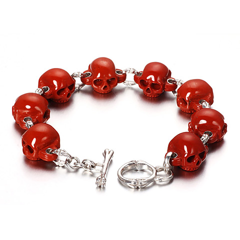 A Stunning Jewelry Work: Bracelet of HAND-CARVED Red Jasper & 925 Sterling Silver Gemstone Skulls with 925 Sterling Silver