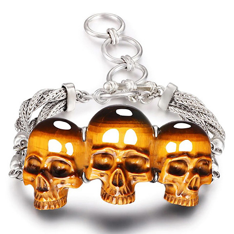 The Weaver of Three - Gold Tiger's Eye Hand Carved Adjustable Crystal Skull Bracelet, Crystal Healing Skull Jewelry, for Women & Men