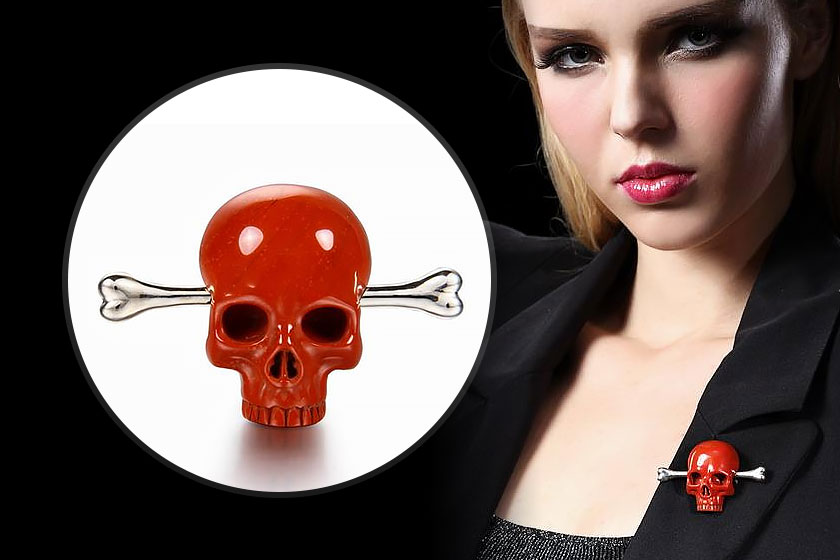 Red Jasper Carved Crystal Skull Brooch
