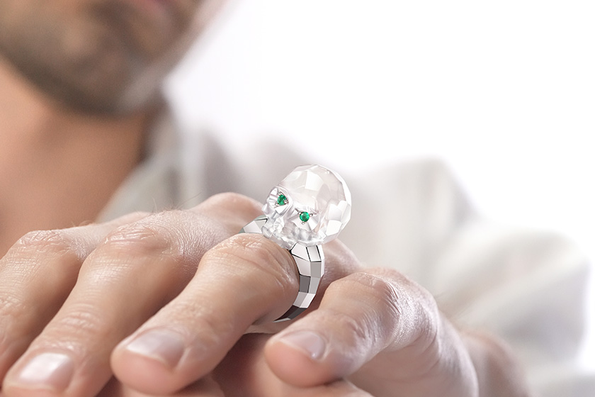 Quartz Rock Crystal Hand Carved Crystal Skull Ring with Emerald Eyes, Skull Jewelry