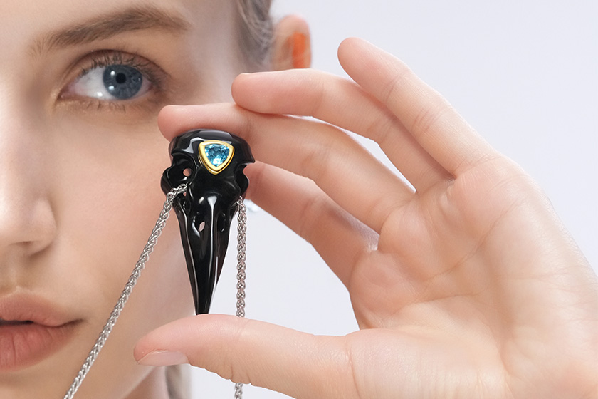 Necklace of 2.2" Black Obsidian Hand Carved Crystal Skull Raven Pendant, Skull Jewelry
