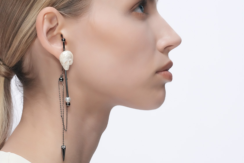  Pearl Hand Carved Crystal Skull Earrings, Skull Jewelry
