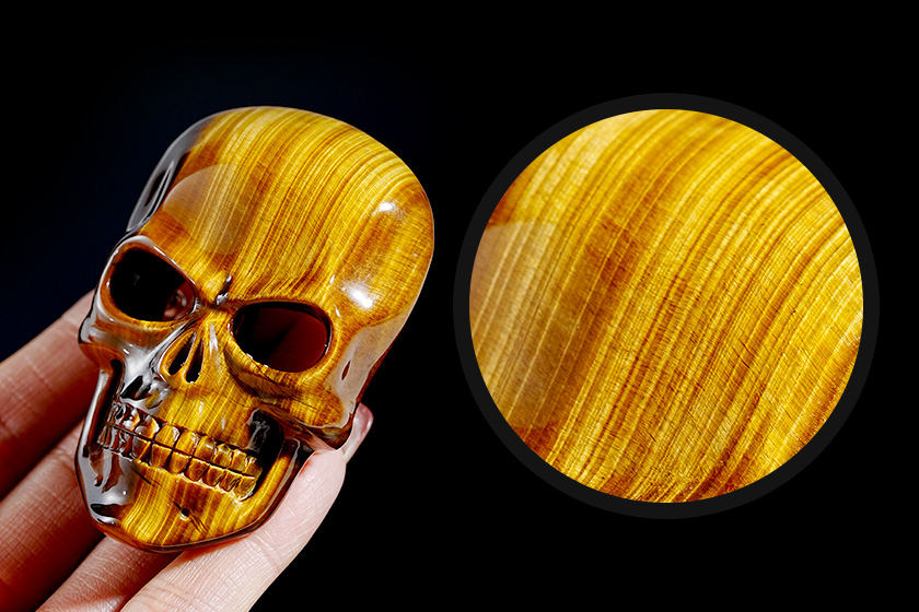 Gold Tiger's Eye Hand Carved Crystal Skull Buckle with Stainless Steel, Skull Jewelry