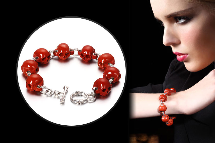 A Stunning Jewelry Work: Bracelet of HAND-CARVED Red Jasper & 925 Sterling Silver Gemstone Skulls with 925 Sterling Silver