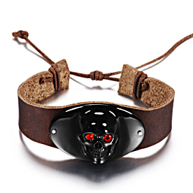 Black Obsidian Carved Crystal Skull Bracelet with Red Cubic Zirconia Eyes & Leather Bracelet
