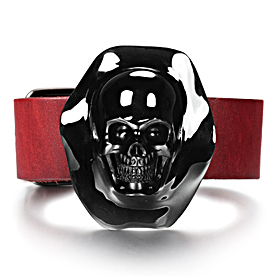 Black Obsidian Carved Crystal Skull with Leather Bracelet & Sterling Silver