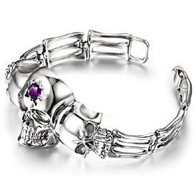 Gemstone Amethyst in Rhodium Plated Sterling Silver Skull Bracelet