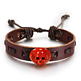 Red Jasper Carved Crystal Skull Bracelet with Leather Belt