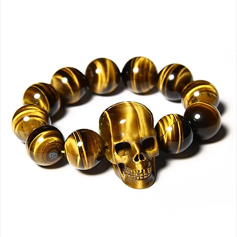 STUNNING FLASH GEMSTONE Gold Tiger Eye Carved Crystal Skull Bracelet