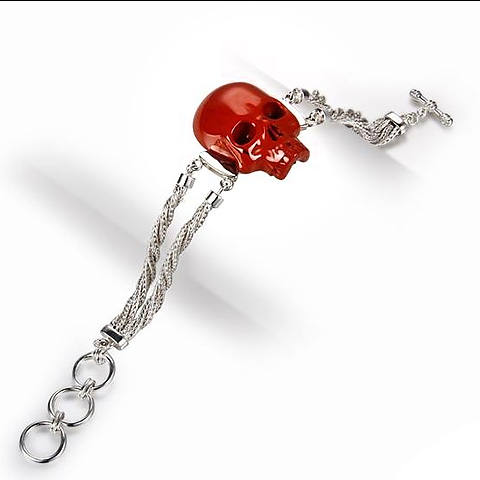 Red Jasper Carved Crystal Skull Bracelet, Silver 925
