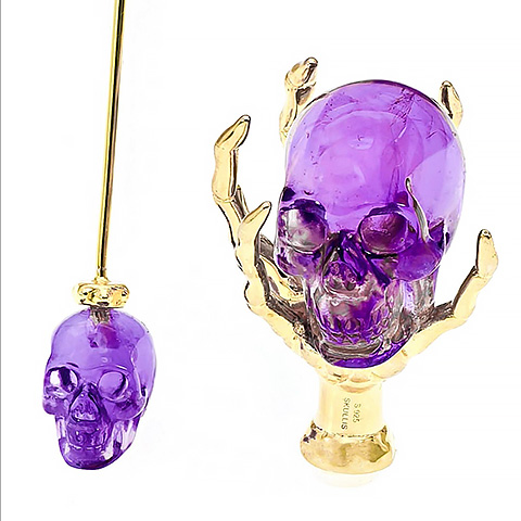 Gemstone Amethyst Hand Carved Crystal Skull Brooch, 18K Gold-Plated 925 Silver, Skull Jewelry