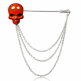 Red Jasper Carved Crystal Skull Brooch and Sterling Silver Chain