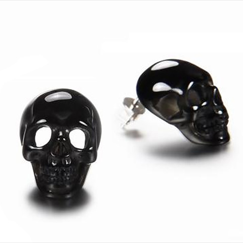 Black Onyx Carved Hollow Crystal Skull Earrings