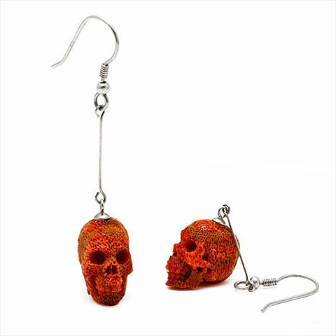 Red Coral Carved Crystal Skull Earrings, Gemstone