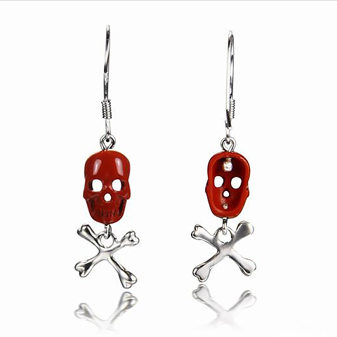 Red Jasper Carved Crystal Skull and Silver Cross Earrings