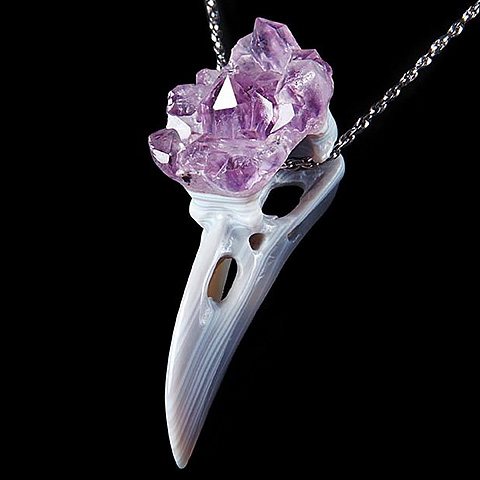 3.0 Agate Amethyst Druse Carved Crystal Raven Skull Pendant, Realistic, Crystal Healing