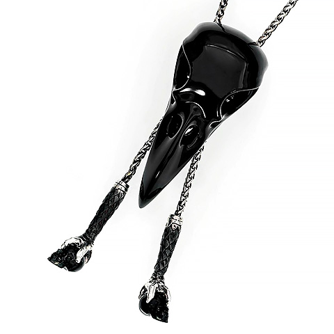 Necklace of Black Obsidian Hand Carved Crystal Raven Skull Pendant with Adjustable 925 Silver Chain, Skull Jewelry