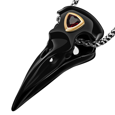 Gemstone 2.2" Black Obsidian Carved Crystal Raven Skull Pendant, Garnet, Gold over 925 Sterling Silver