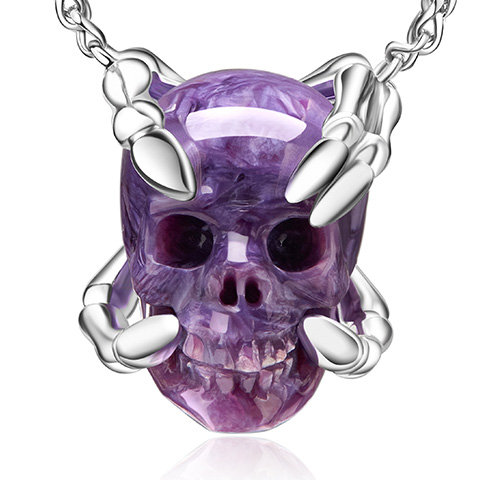 Gemstone Necklace of 0.8" Russian Charoite Hand Carved Crystal Skull Pendant, Skull Jewelry