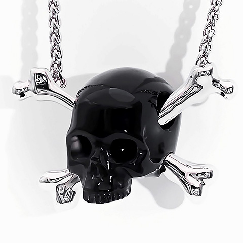 Skullis Gem Skull Jewelry - Black Obsidian Carved Skull & Sterling Silver Crystal Skull and Bone Pendant with 925 Silver Chain Crossbones Necklace