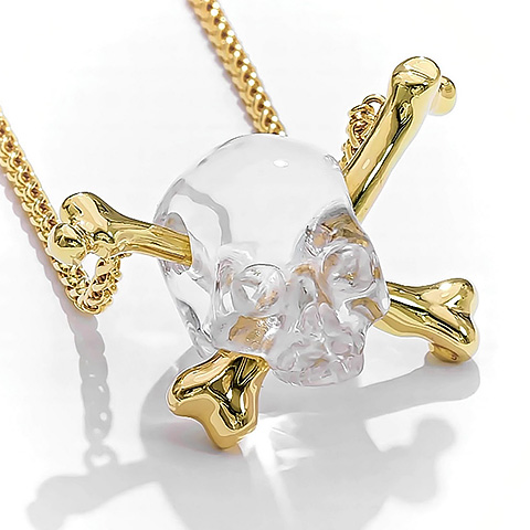 Skullis Gem Skull Jewelry - Quartz Rock Crystal Carved Skull & Sterling Silver Gold Plated Crystal Skull and Bone Pendant with 925 Silver Plated Gold Chain Crossbones Necklace