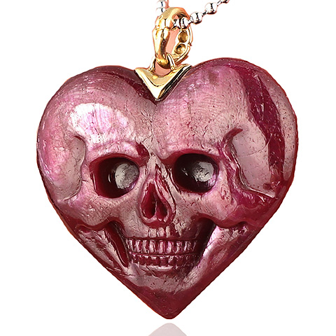 Top Quality Gemstone 1.5 Ruby Carved Crystal Skull Pendant & 18k Gold Buckle, Crystal Healing
