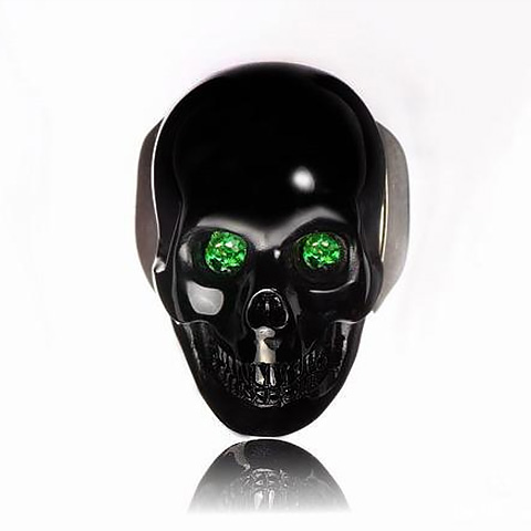 All Size, Black Onyx Carved Crystal Skull Ring with Green Garnet Eyes