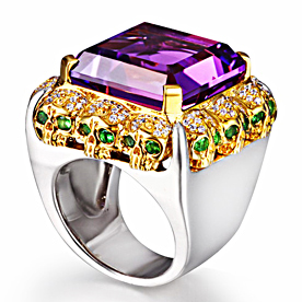 Amethyst with Diamond and Tsavorite Gold Plated Sterling Silver Skulls Ring - Skullis Exclusive Amethyst & 925 Sterling Silver Carved Crystal Skull