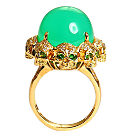 US Size # 7 Chrysoprase With Diamond & Tsavorite in 18K Gold Skull Ring Skullis Exclusive