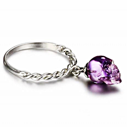 Dangling Drop - Amethyst Carved Gemstone Crystal Skull Drop with Spiraled Sterling Silver Ring