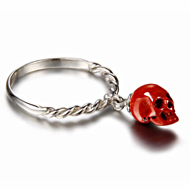 Dangling Drop - Red Jasper Carved Gemstone Crystal Skull Drop with Spiraled Sterling Silver Ring